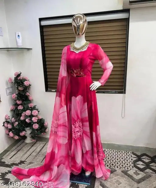 Georgette long-sleeve round neck Anarkali style dress with dupatta, printed, available in multiple sizes for women and girls