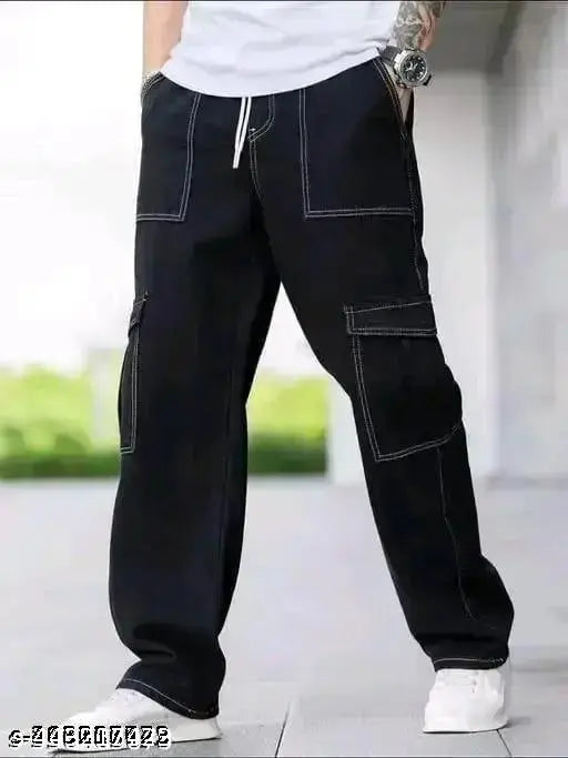 Black cotton baggy men's pants cargo pockets