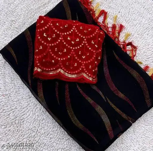 Red and black georgette saree with blouse, soft fabric