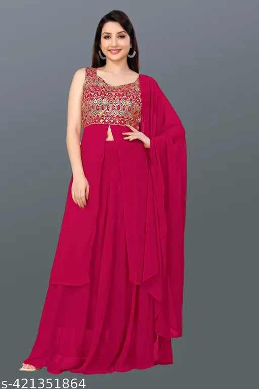 Red chiffon embroidered kurta set, ready to wear fashionable designer workwear