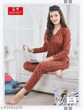 Cotton collar nightsuit, solid design in long sleeves, XXL size (bust 46in, length 36in), Indian origin