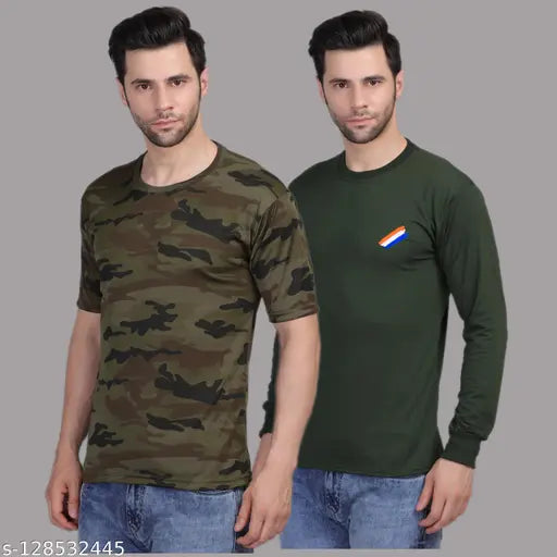 AXOLOTL Military Camouflage Cotton/Polyester Round Neck T-Shirt for Men (Pack 2) - Perfect for sport, military, gym, or outdoor activities. High-quality camouflage design on short sleeves, pairable with jeans or shorts. Machine washable, origin India