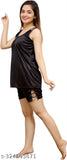 Black satin nightwear top & shirt set, sleeveless, solid color, perfect for bedroom and special nights, India-made