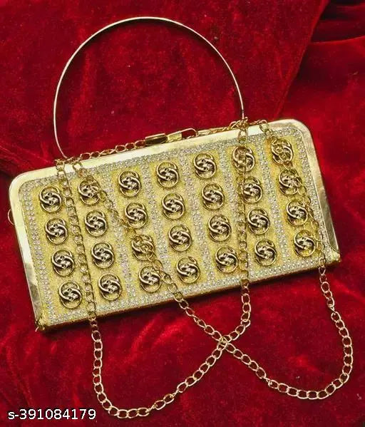 Golden clutch bag with patterned front, designed for bridal casual party