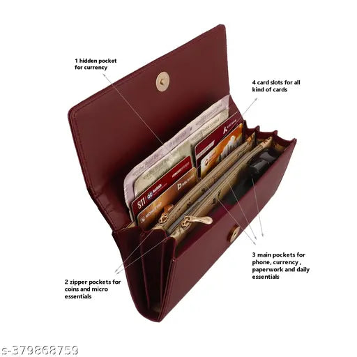 Women's maroon leather clutch wallet, party wear, 4 card pockets, phone pocket