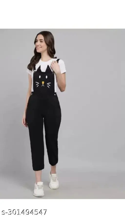 Cotton-silk sleeveless jumpsuits, black printed net cat-pattern for women's regular size, India origin