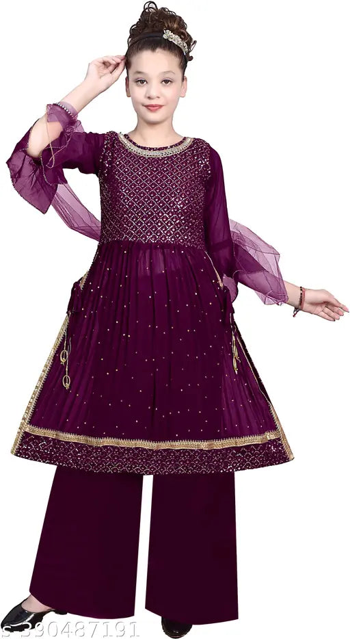 Purple Georgette Nayra Cut Sharara Style Kurti Palazzo with Dupatta for Girls Kids - Ethnic outfit with flared trousers and embellished design