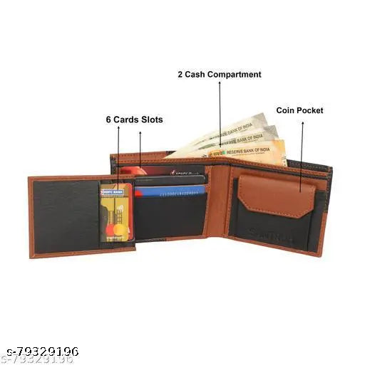 Tan & Black Artificial Leather Square Design Men's Slider Wallet, 2 compartments with RFID blocking, premium PU material, India origin