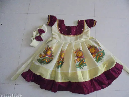 Tissue net kerala traditional kids frock with cotton lining and beadwork, 4-5 years size