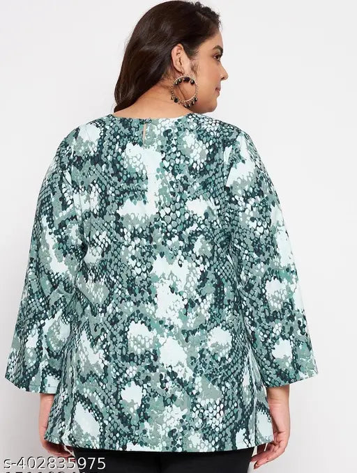 Plus-size women's rayon printed round neck top, premium quality, three-quarter sleeves, XL to 5XL sizes, casual wear, easy care