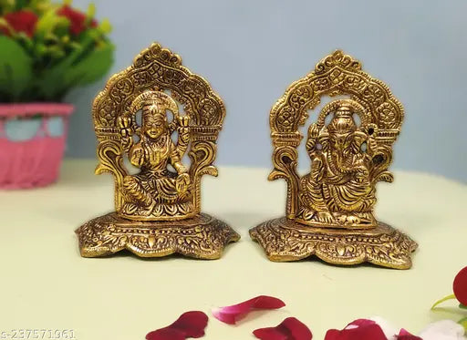 Metal Ganesh-Lakshmi set for temple, home decor, gifting & worship - Indian religious figures, 12cmx14.5cmx14.5cm, 360g
