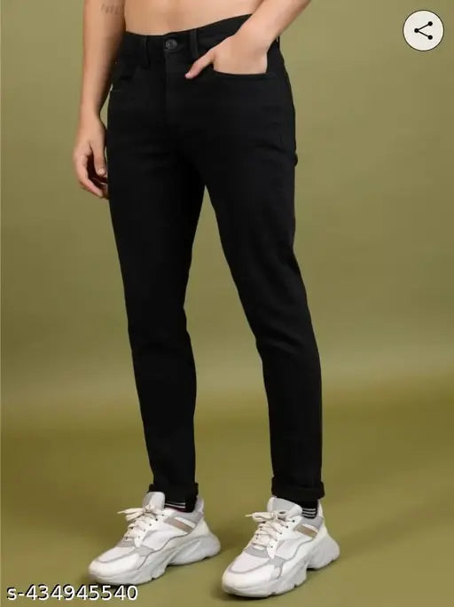 Slim black cotton-blend jeans for men, size 28/30/32/34, ideal for casual wear