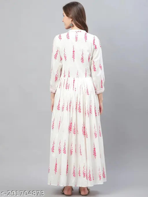 Off-white cotton Anarkali kurta with pink floral print, ideal for parties and festivals, made in India