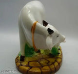 Multicolor finish Kamadhenu cow and calf idol statue, resin, vintage royal look for living room decor (8x12 cm)
