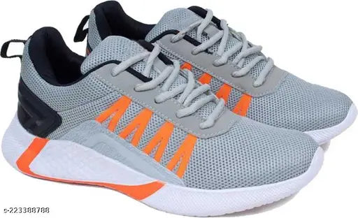 Gray canvas Bersache sneakers with orange accents, lace-up front