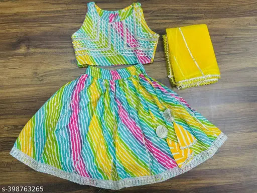 MultiColor cotton skirt top and net dupatta with gota work, vibrant rainbow print for young girls' traditional ethnic wear