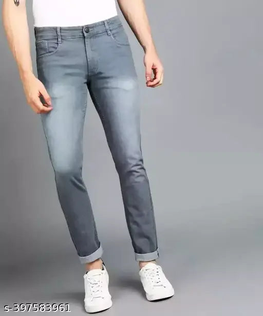 Grey denim Hardbull jeans, mid-rise with a button and zip closure, 5-pocket design, grey medium wash, made in India