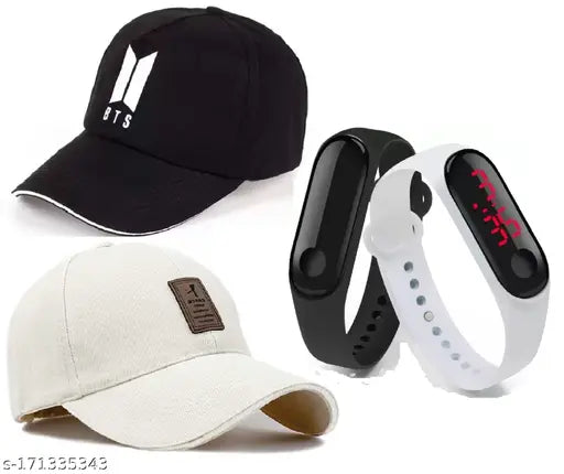 Black BTS cotton caps pack, featuring embroidered net designs and LED watches. Four stylish baseball caps for sporty, formal, and casual wear for men and boys. Origin: India