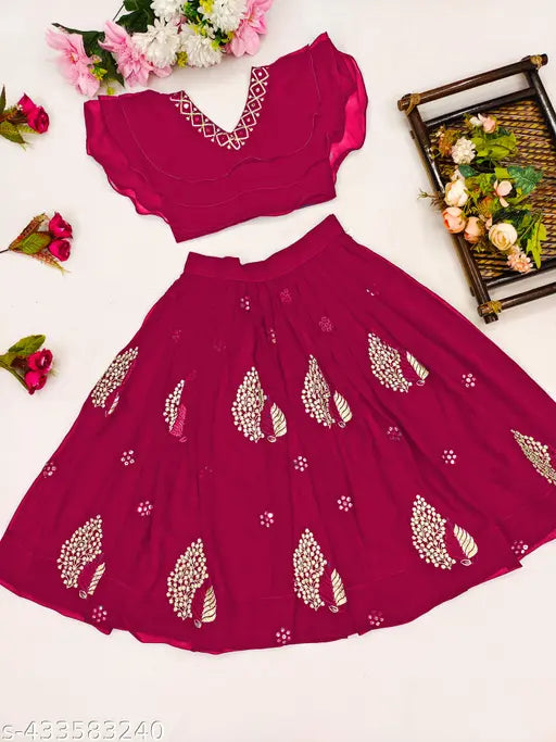 Embroidered georgette crop top and printed lehenga choli set for kids party wear, Indian ethnic fashion in various sizes