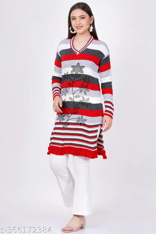Red and black woolen winter kurta with long sleeves