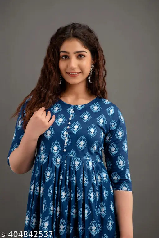 Rayon long anrakali kurta, printed combo, three-quarter sleeves on woman, Indian ethnic wear
