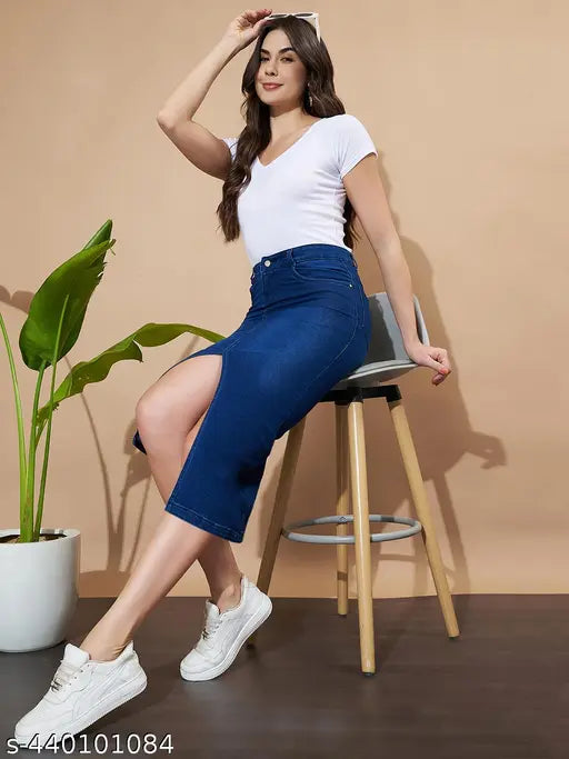 Denim washed long front center slit stretchable cotton blend skirt, solid color and versatile fit for women's fashion