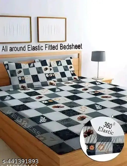 Superfine cotton checked bedsheets, double queen size with 2 pillow covers, ideal for summer - elastic fitted for snug fit, origin India