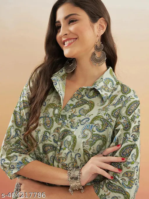 Women's Rayon kurta with 34 sleeves, collar, and short sleeves