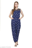 New poly crepe sleeveless printed net jumpsuit (M: 36in bust, 52in length, 28in waist), Indian-made fashion apparel