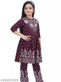 Maroon cotton blend party wear for kids: Three quarter sleeves round neck top & bottom set