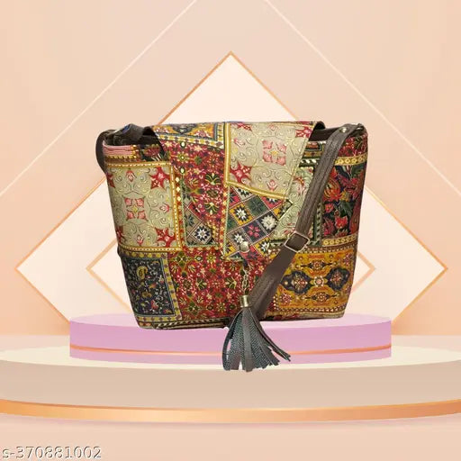 Colorful printed fabric sling bag with adjustable strap and multiple pockets