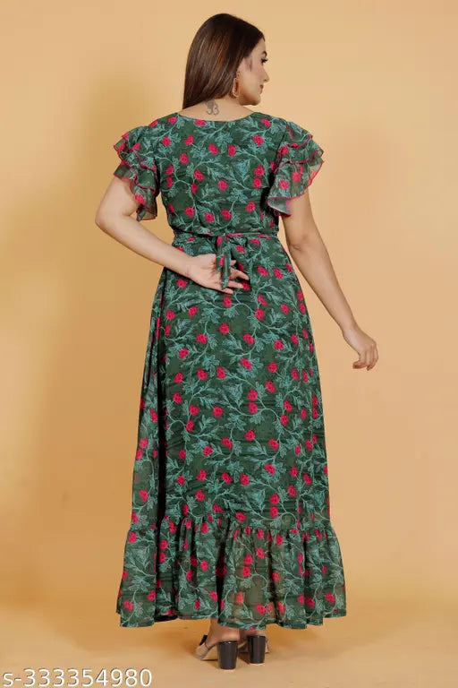 Georgette Valley flower digital printed kurti with short sleeves, India origin