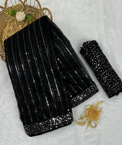 Unique design sequins work saree with velvet blouse, Indian ethnic embroidery on heavy net fabric