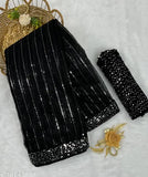 Unique design sequins work saree with velvet blouse, Indian ethnic embroidery on heavy net fabric