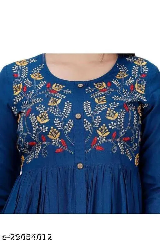 Blue rayon embroidered kurti with three-quarter sleeves, intricate embroidery detail for women, India origin