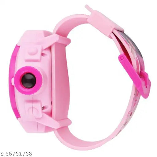 Pink digital watch with a pink strap and an adjustable buckle