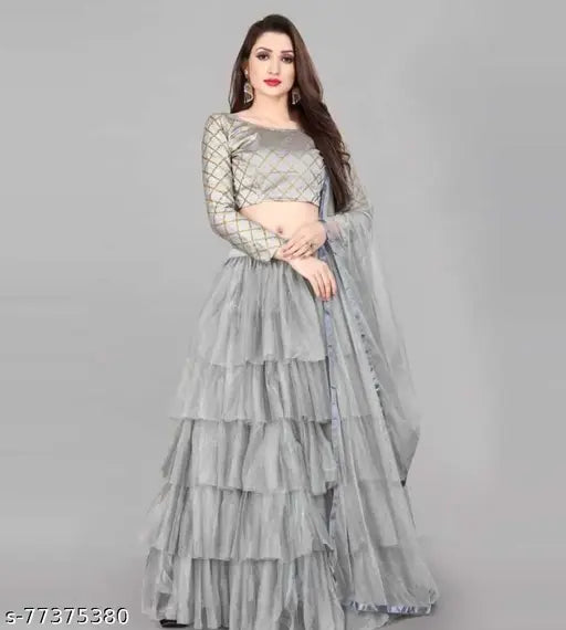 Embroidered silk blend Kashvi Petite women's lehenga set with ruffle bottom and lace dupatta, semi-stitched (waist 44in, length 45in). Indian origin