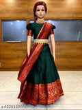 Bottle Green Zari Woven Art Silk Kids Lehenga with short sleeves & matching dupatta, captivating traditional Indian festive wear for 0-12 years