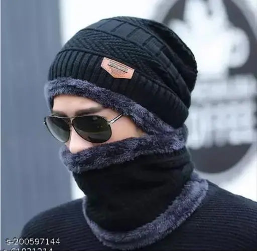 Winter hat set, wool cap, black, faux fur inner side, neck warmer, skull cap, beanie, muffler combo