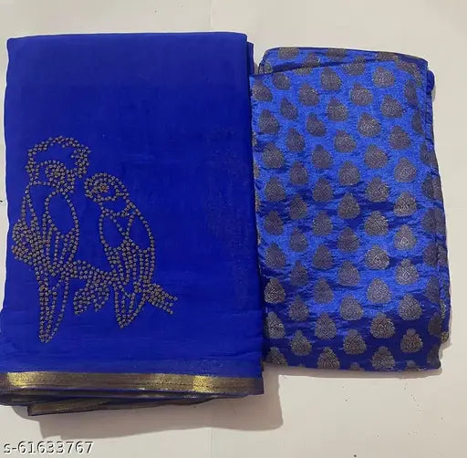 Indian Chiffon saree with Brocade blouse, parrot embroidery, free size (5.5m/0.8m)