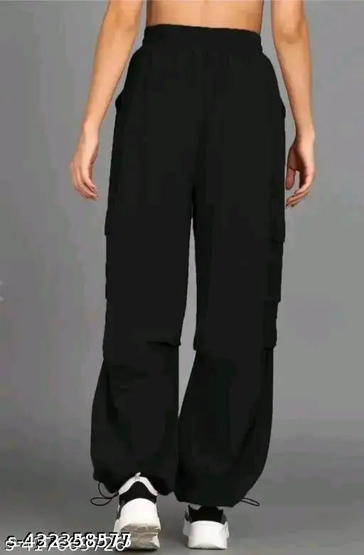Black cotton blend stretchable women's cargo pants with wide leg, baggy style