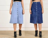 Light blue denim A-line skirt set, size options available for women