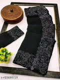 Black silk saree with intricate broderie and Siroski stone cut work border, 9 yards length