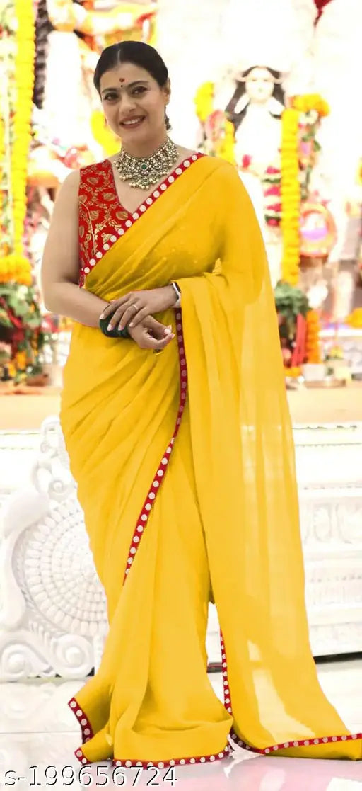 Red mirror border chiffon saree, free size, single piece, India-made, Solid red pattern with mirrored detail and lace trim