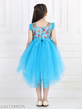 Aqua blue animal print net hi-low dress for girls party wear, size 1-2 years