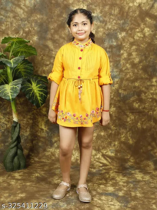 Denim embroidered dress with long sleeves, printed net pattern. Girls trendy outfit from India (5-6yrs to 10-11yrs)