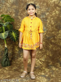 Denim embroidered dress with long sleeves, printed net pattern. Girls trendy outfit from India (5-6yrs to 10-11yrs)
