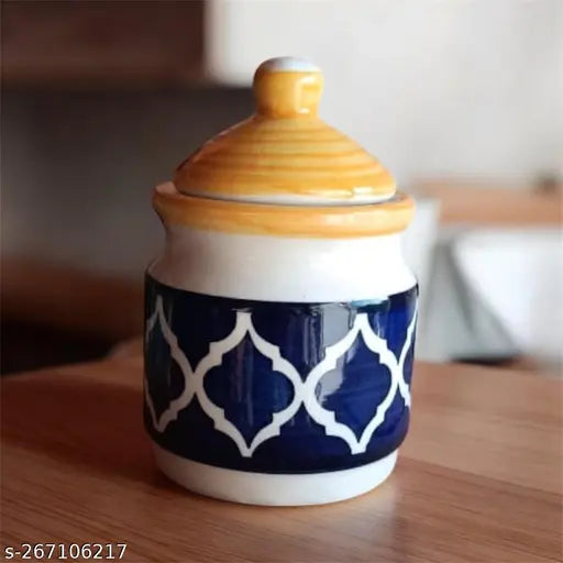 Ceramic jars with lids, set of 4, blue and yellow, holding tray, multipurpose storage containers for chutney and pickle jar, kitchen utility