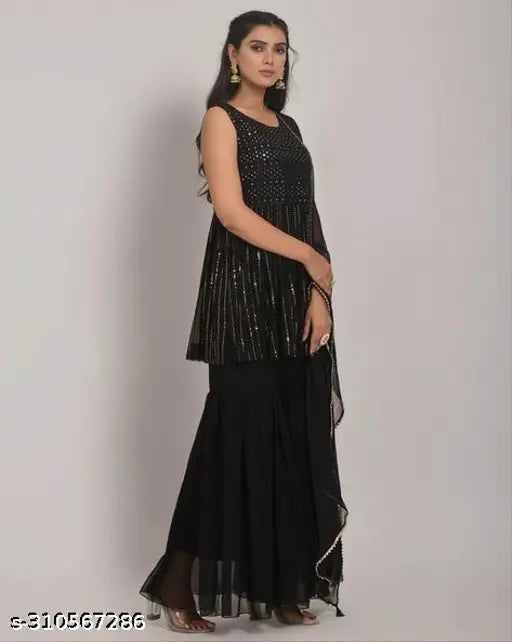 Black, heavy sequin embroidered georgette top with shararas, as seen in photo