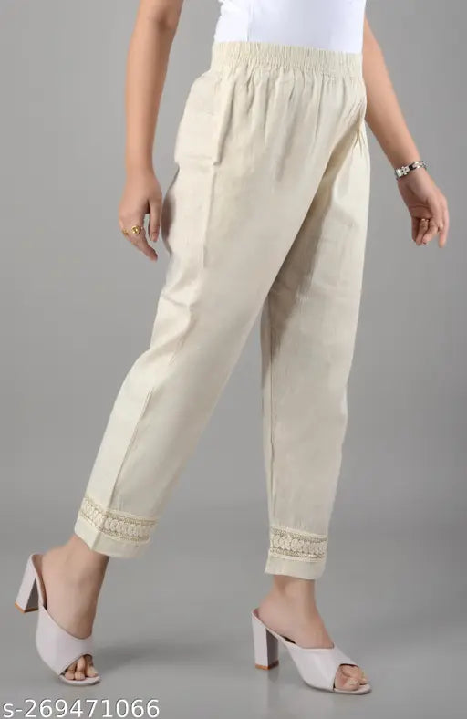 Embroidered bottom pants chikenkari, women's palazzo pants, cream